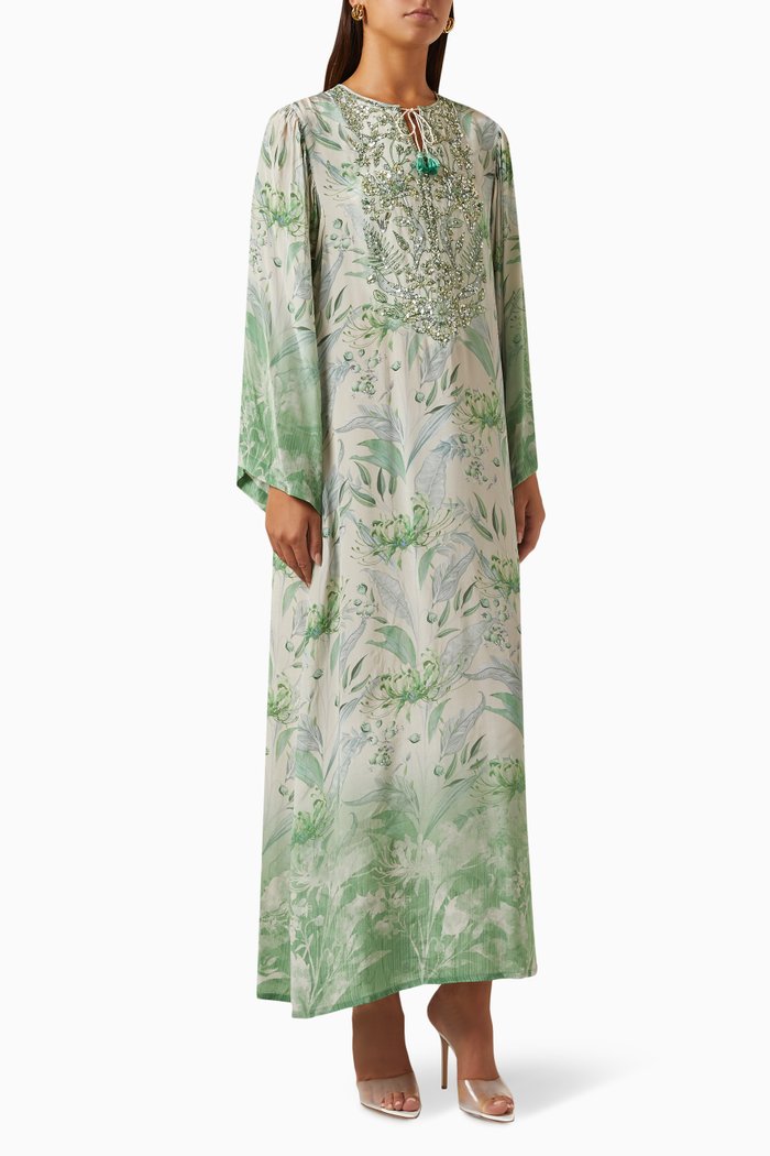 

Aneeza Printed Kaftan in Linen, Green