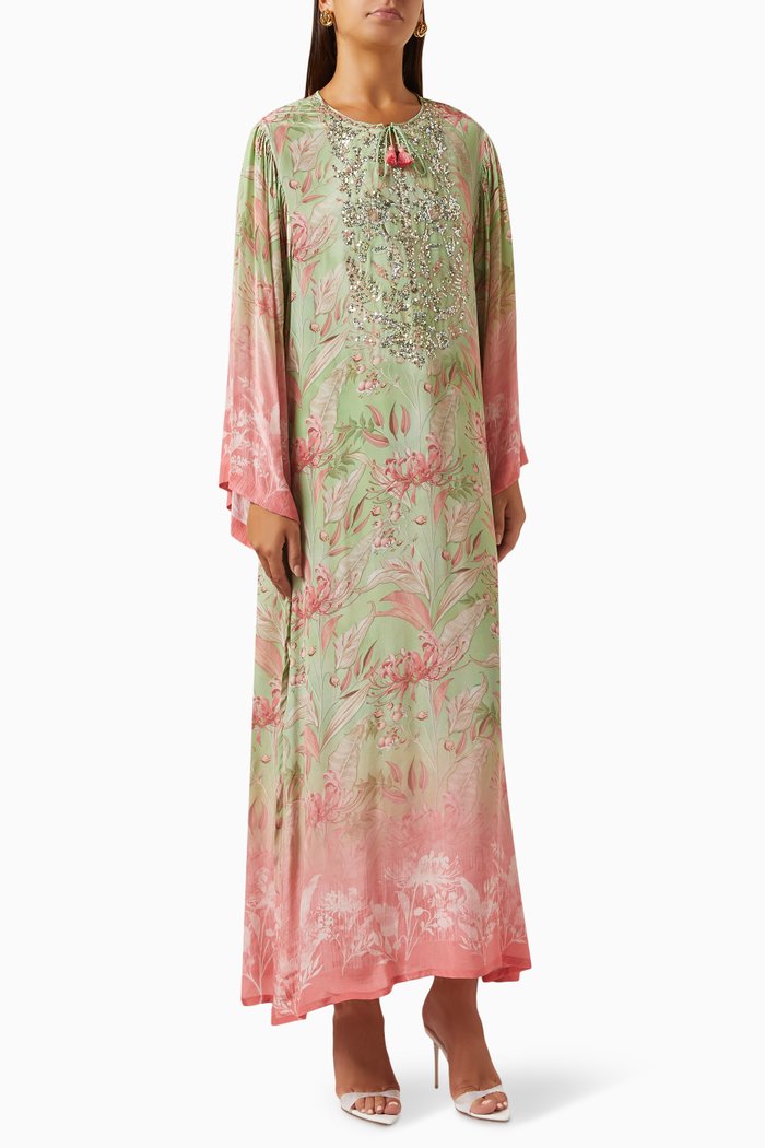 

Aneeza Printed Kaftan in Linen, Green