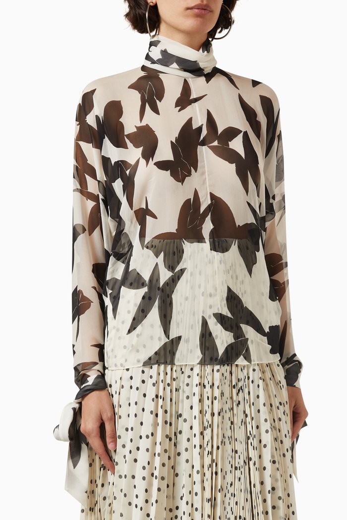 

Butterfly-print Turtleneck Top in Organic Silk, Black