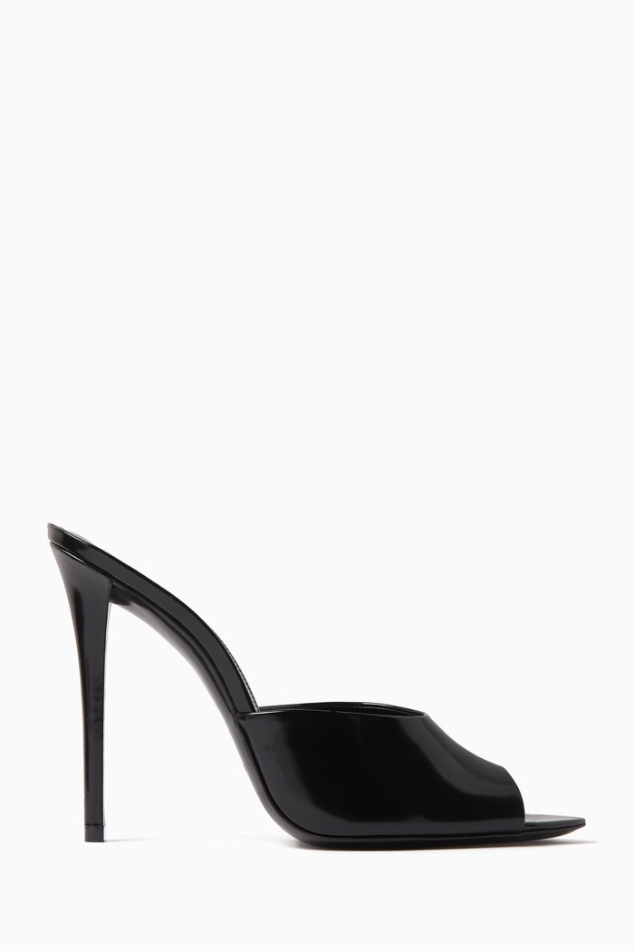 

Goldie Peep Toe 110 Mules in Glazed Leather, Black