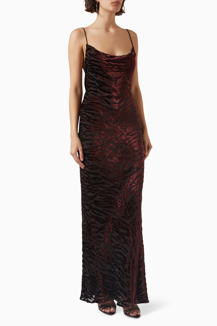 

Zebra-motif Cowl-back Maxi Dress in Dévoré Velvet, Black