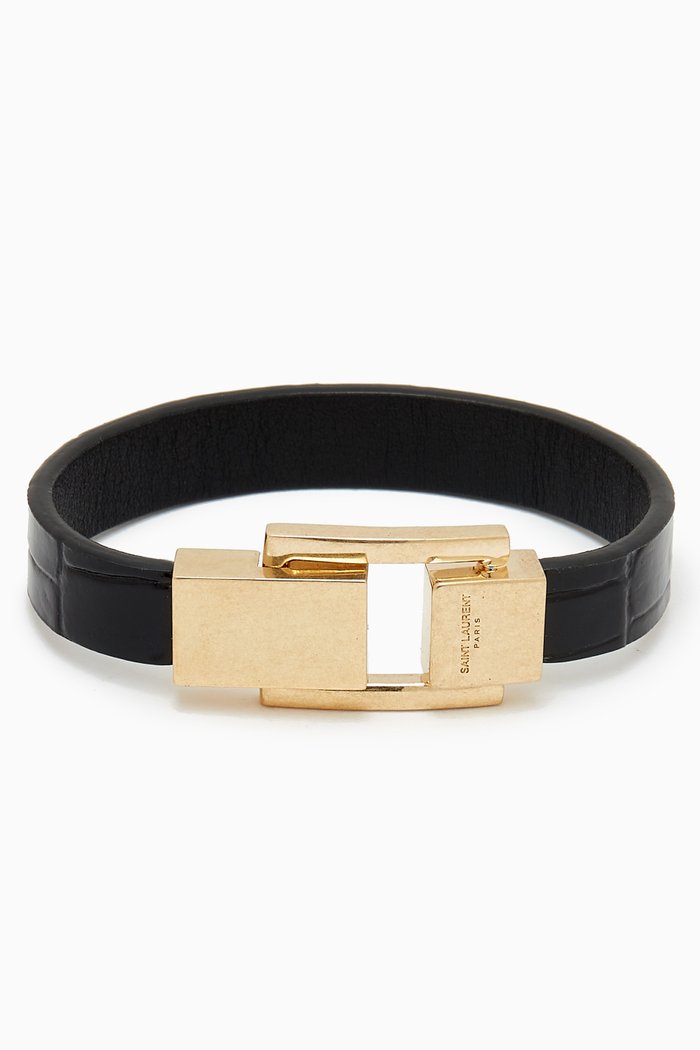 

LE CARRÉ Bracelet in Crocodile-embossed Leather & Metal, Black