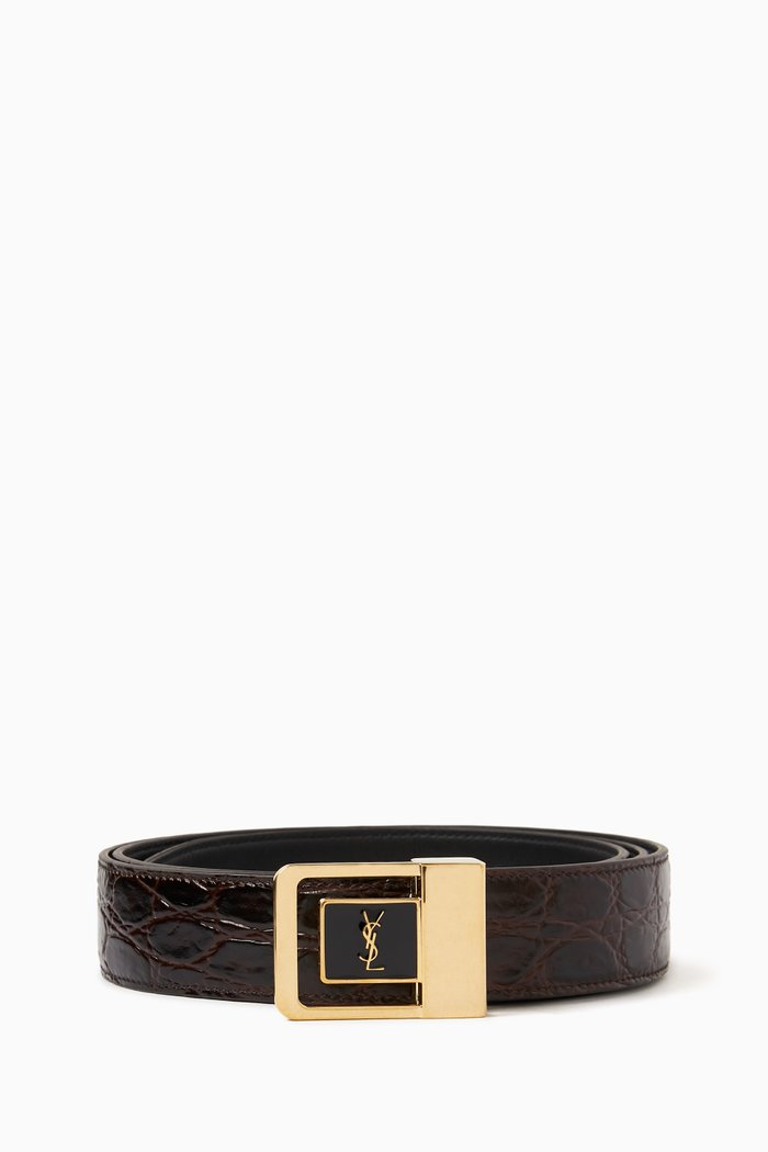

La 66 Buckle Belt in Crocodile-embossed Leather, Brown