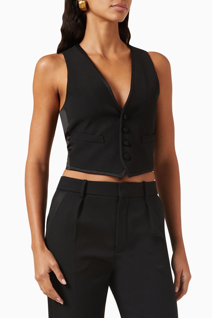 

Short Tuxedo Vest in Grain de Poudre Wool, Black