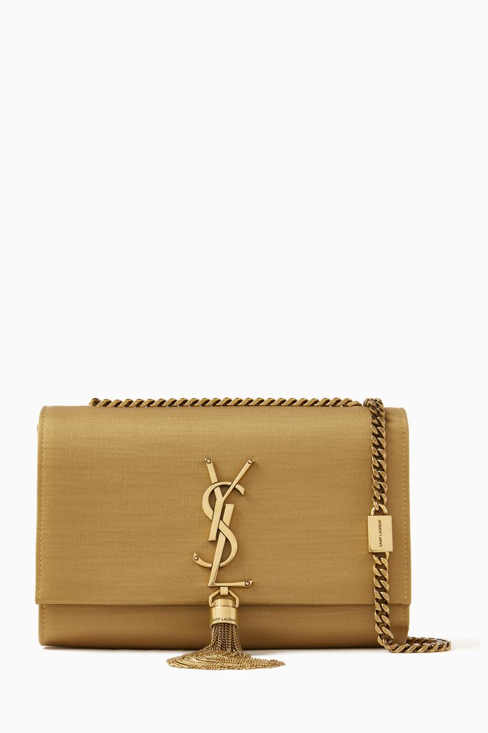 

Small Kate Tassel Shoulder Bag in Satin, Gold
