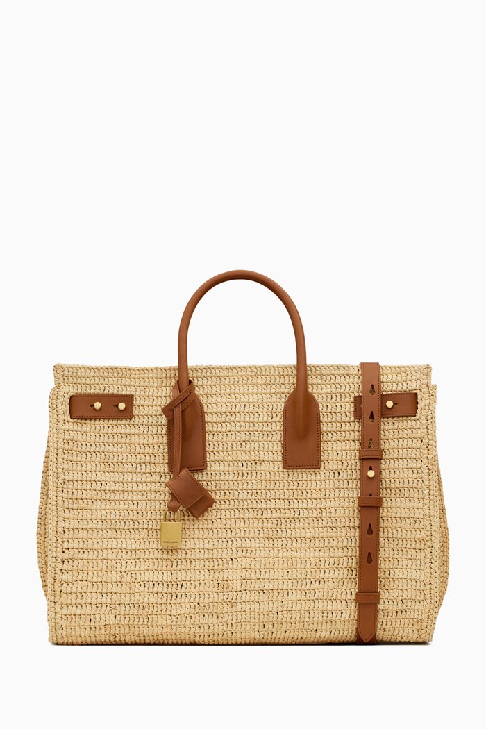 Medium Sac De Jour Bag in Raffia & Leather, White