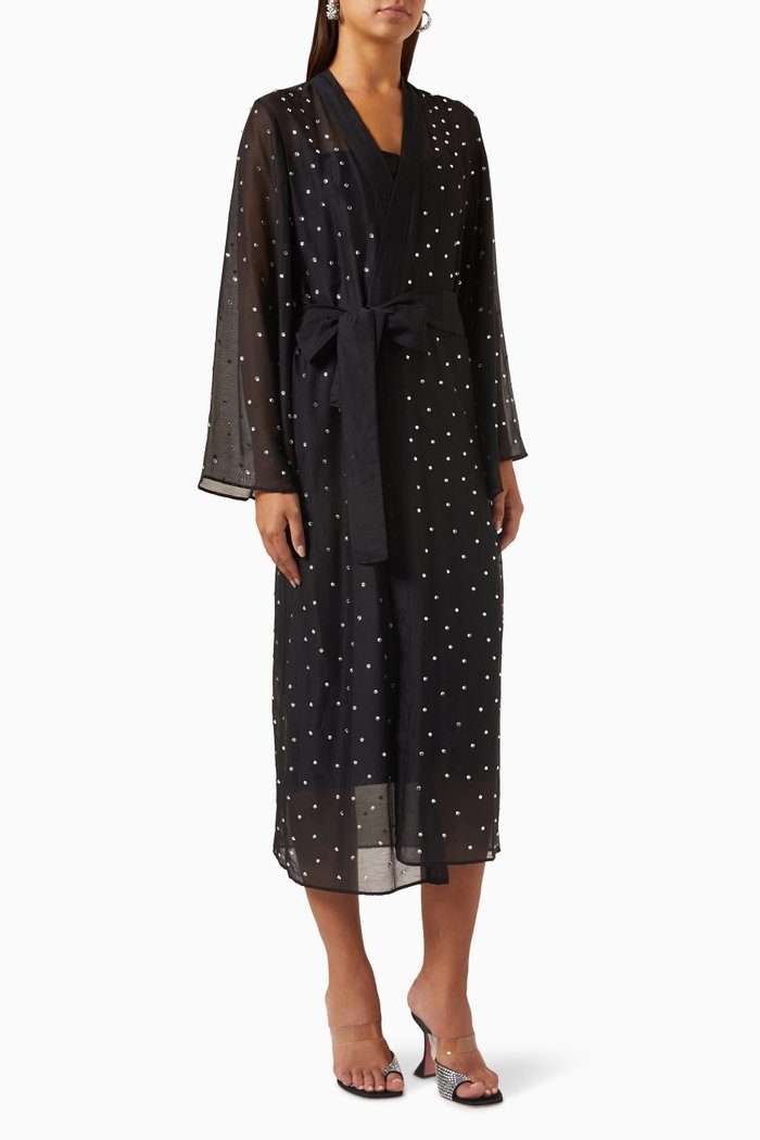 

Gem Embellished Kaftan in Cotton-silk Blend, Black