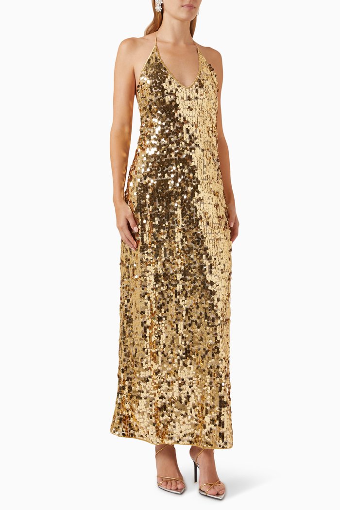 Halterneck Maxi Dress in Sequins, Gold