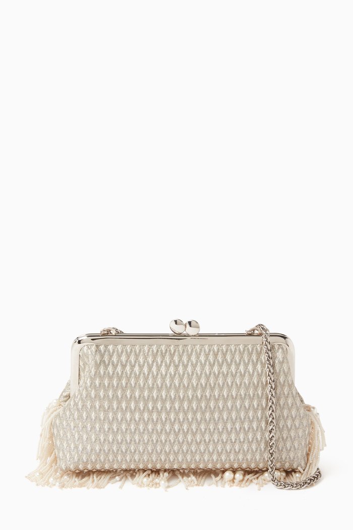 

Marquis Hold Me Pearl Fringe Clutch in Silk, Silver