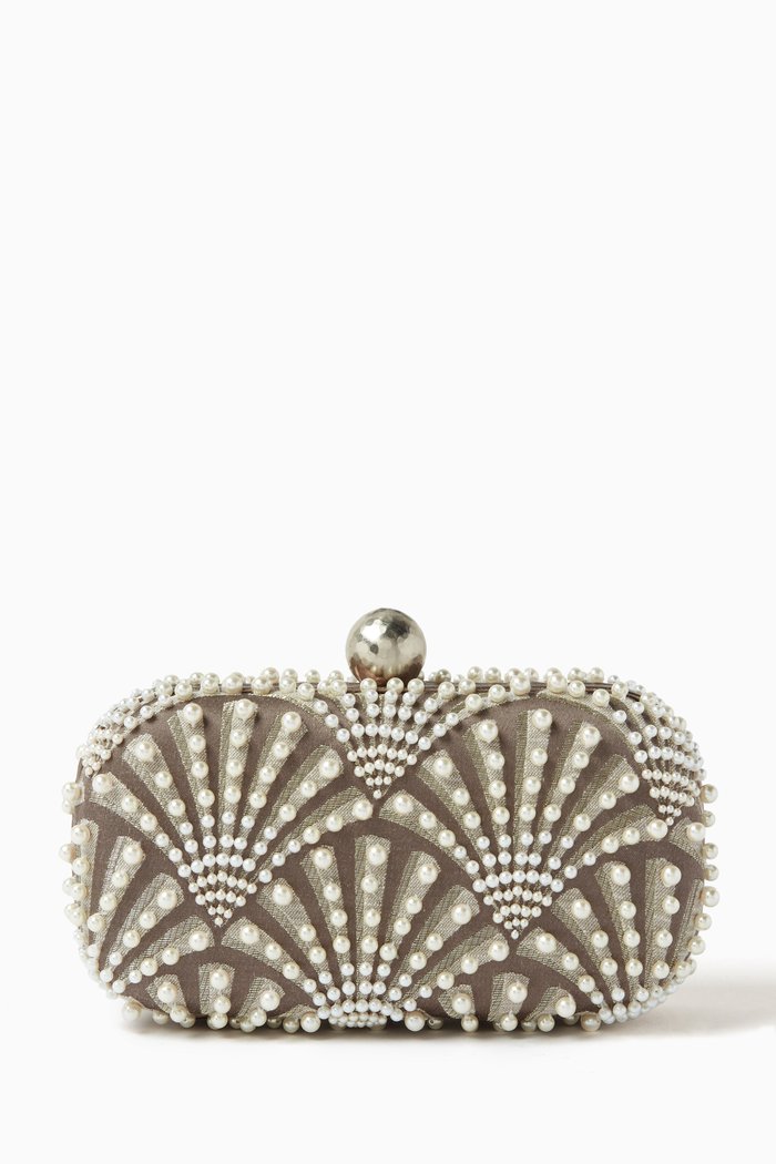 

Scallops Beaded Clutch in Silk, Silver