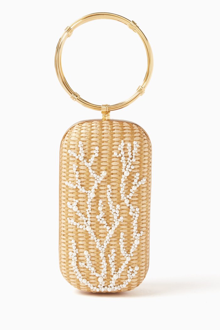 

Coral Beaded Clutch in Straw, Gold