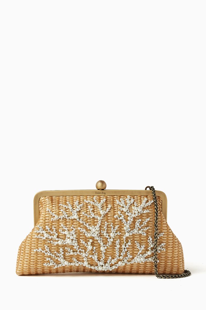 

Coral Beaded Classic Clutch in Straw, Gold