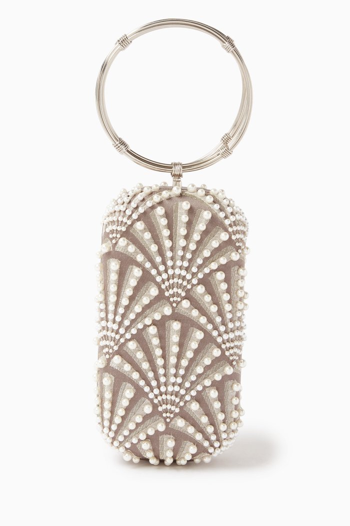 

Scallops Menottes Beaded Clutch in Silk, Silver