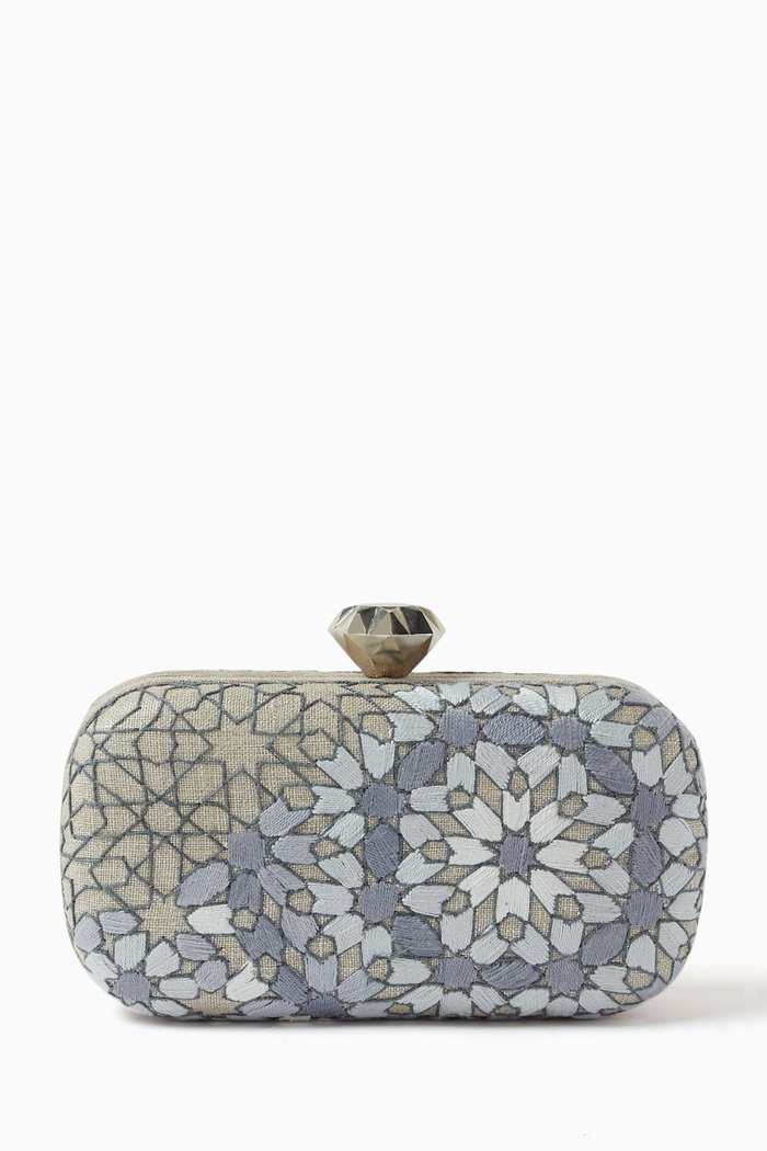 

Arabesque Box Clutch in Canvas, Silver