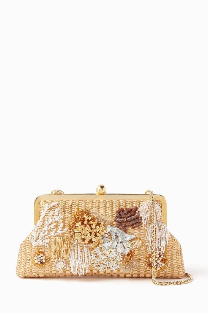 

Reef Beaded Classic Clutch in Straw, Gold