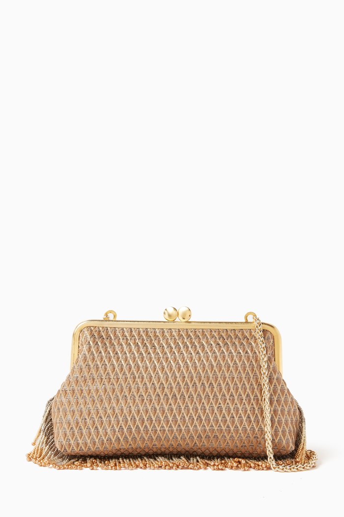 

Marquis Hold Me Pearl Fringe Clutch in Silk, Gold