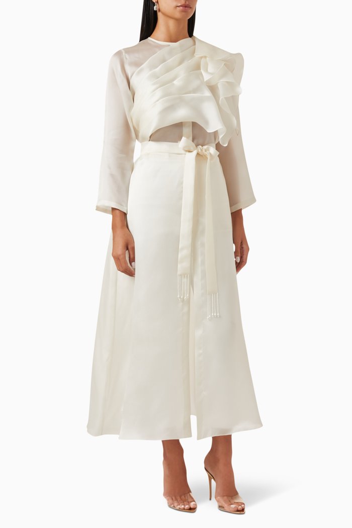 

Draped Belted Coat in Silk Organza, Neutral
