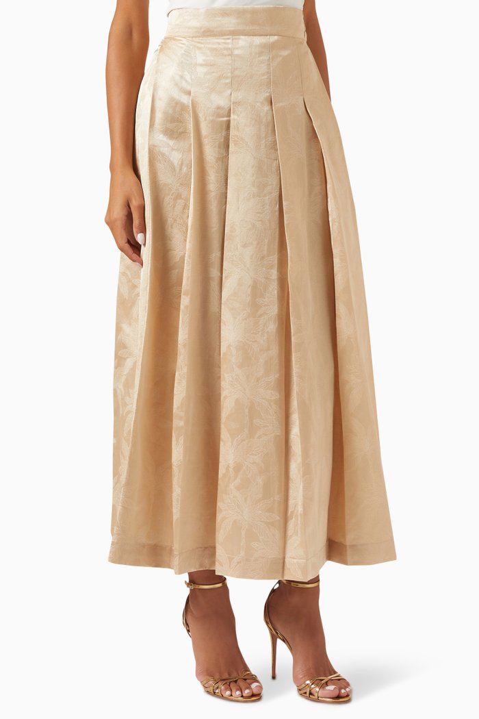 

Palm Tree Pleated Midi Skirt in Jacquard, Gold
