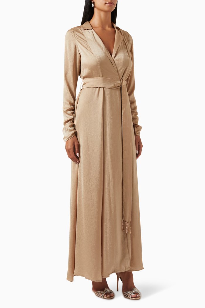 

Notch-collar Wrap Maxi Dress in Velvet Satin, Neutral