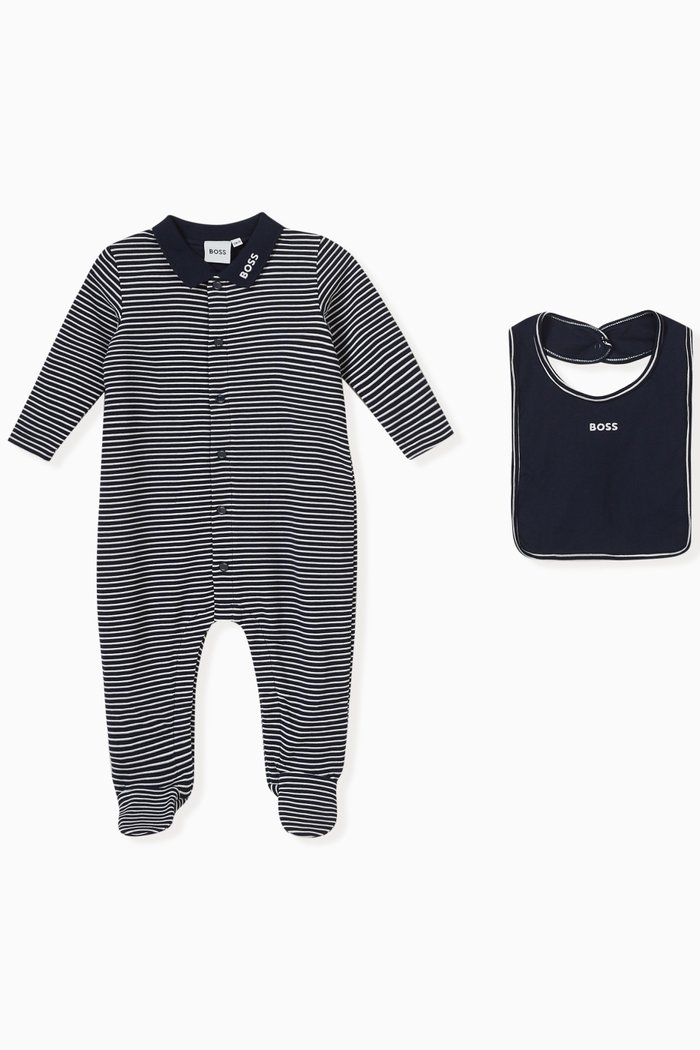 

Striped Logo Sleepsuit & Bib Set in Cotton-blend, Blue