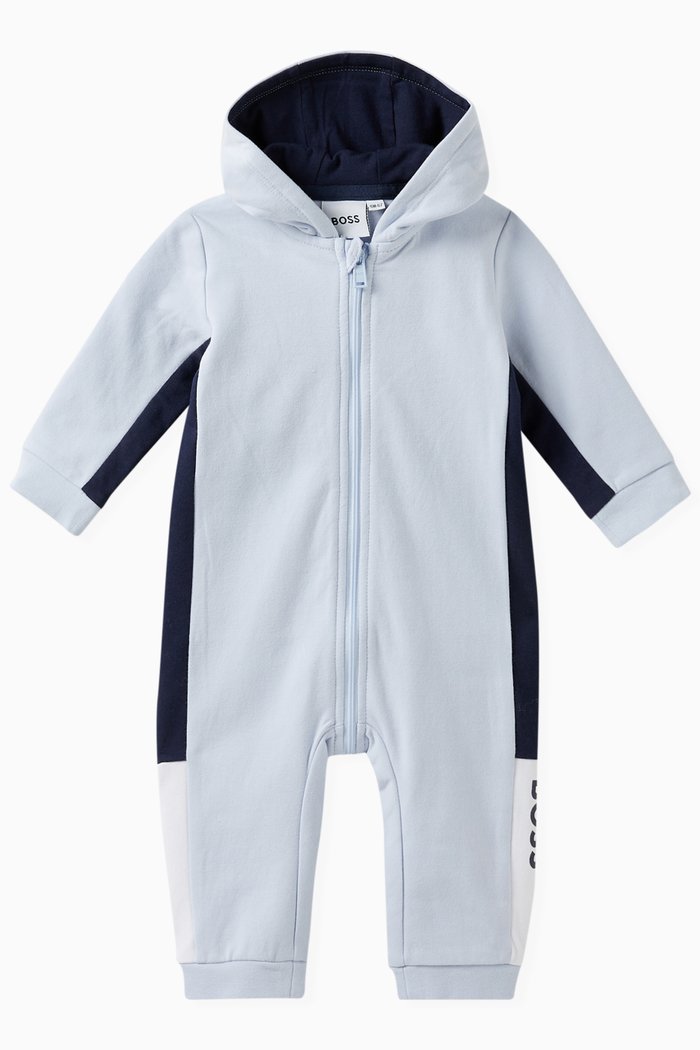 

Striped Hooded Romper in Organic Cotton, Blue