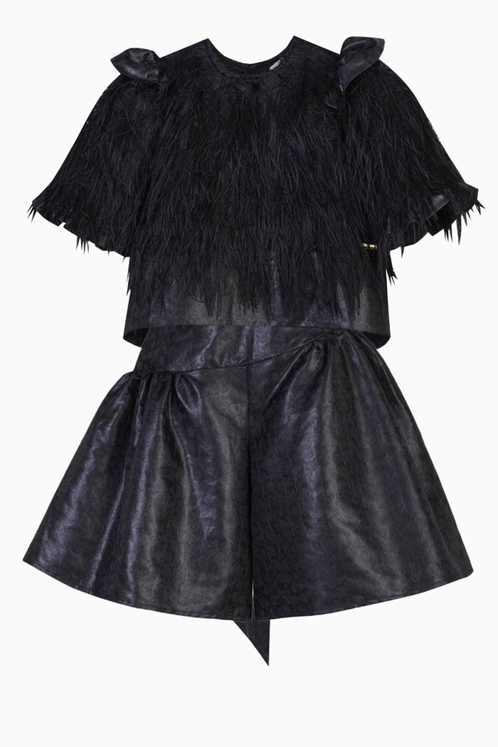Feather-detail Blouse & Shorts Set, Black