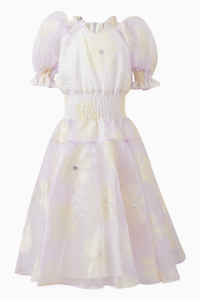 

Floral-motif Smocked Dress in Viscose-blend, Purple
