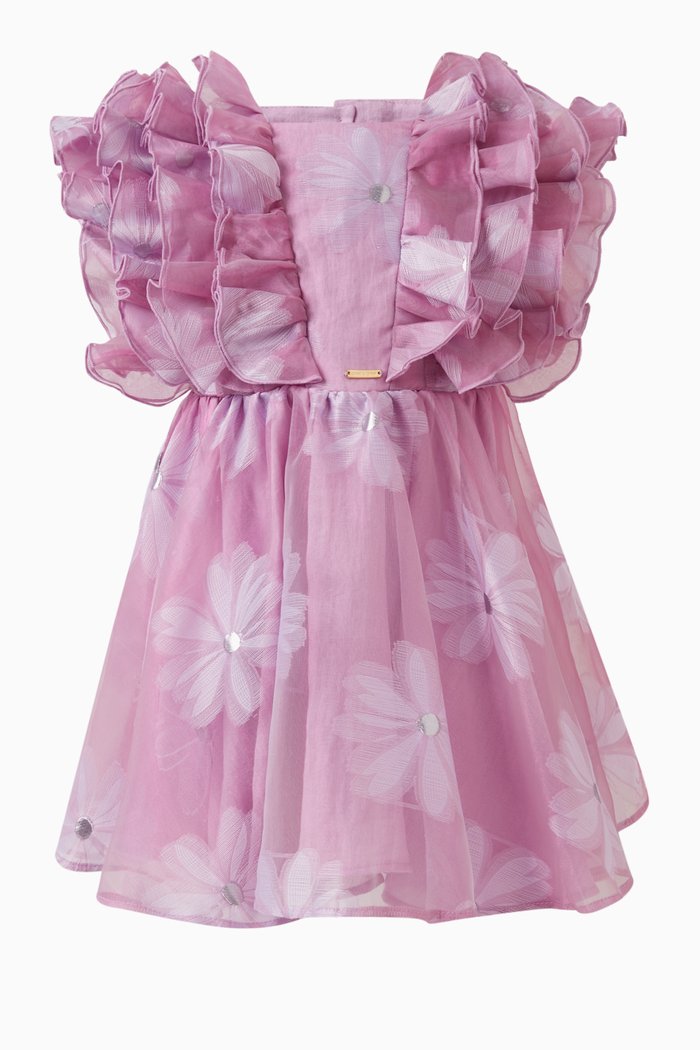 

Floral Ruffled Dress in Polyester, Purple