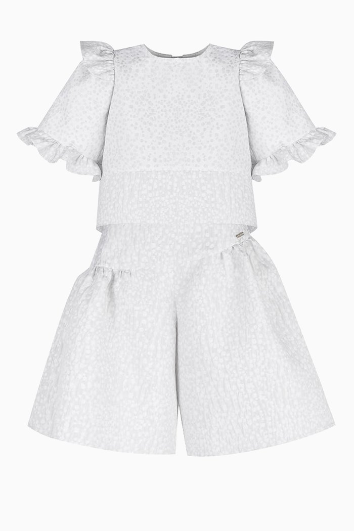 Ruffle-detail Blouse and Shorts Set in Polyester, Silver