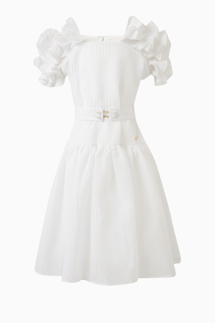 

Ruffled-sleeve Dress in Cotton-blend, White