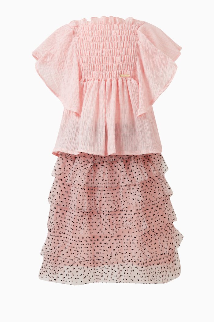 

Smocked Frills-detail Blouse Set in Polyester, Pink