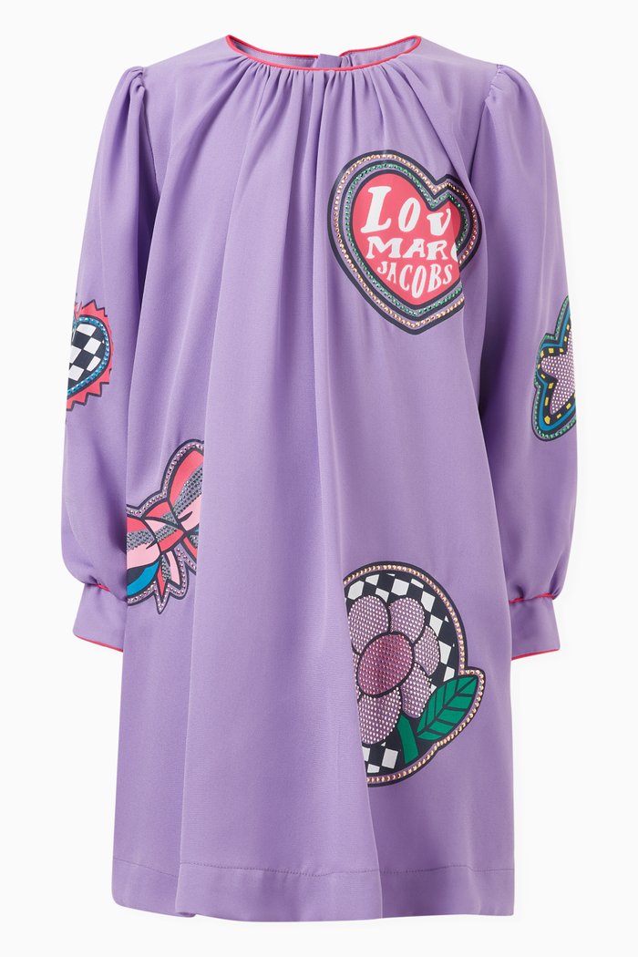 

Badge Print Dress in Crepe, Purple
