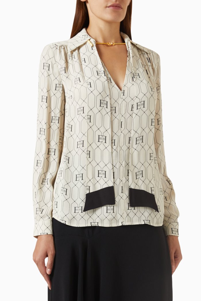 Embellished Chain Neck-tie Blouse in Georgette, Neutral