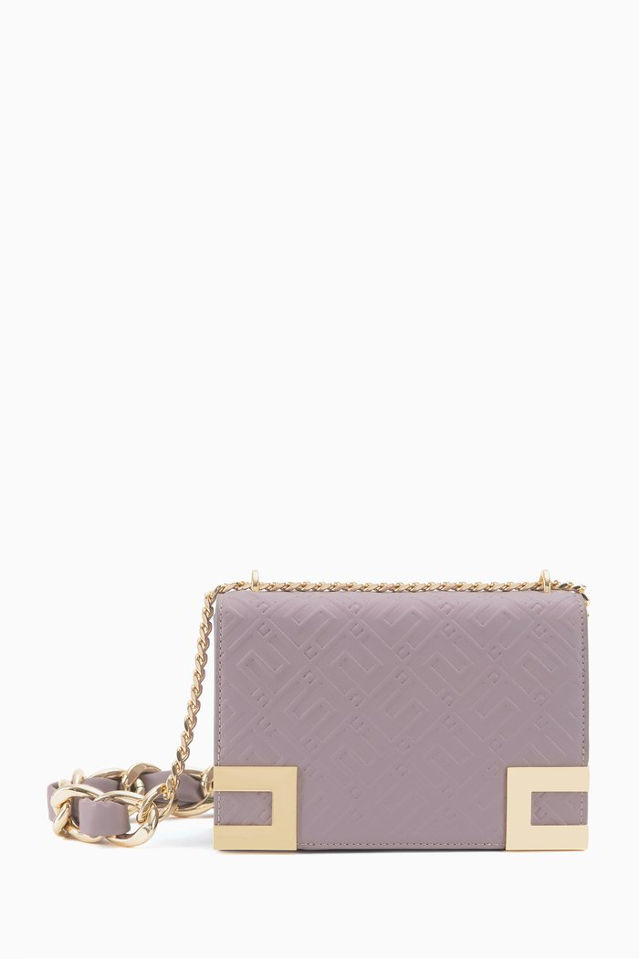EF Debossed Crossbody Bag in Faux Leather, Purple