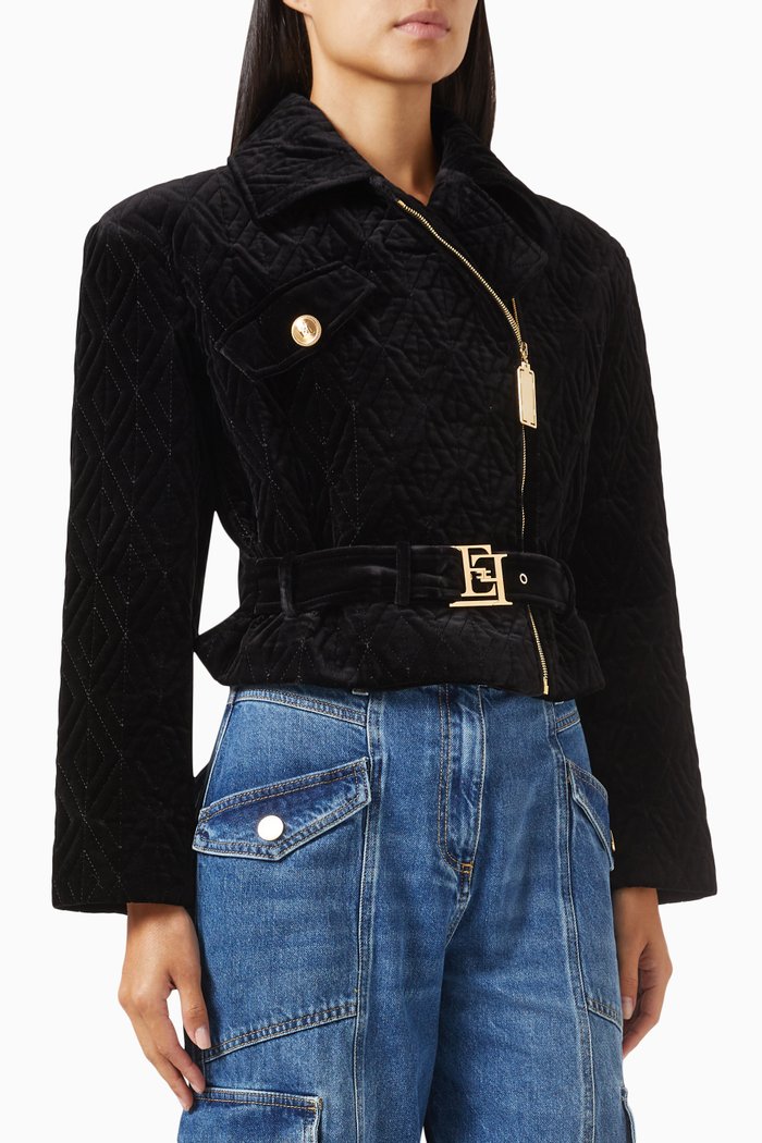 

Crop Biker Jacket in Embroidered-velvet, Black