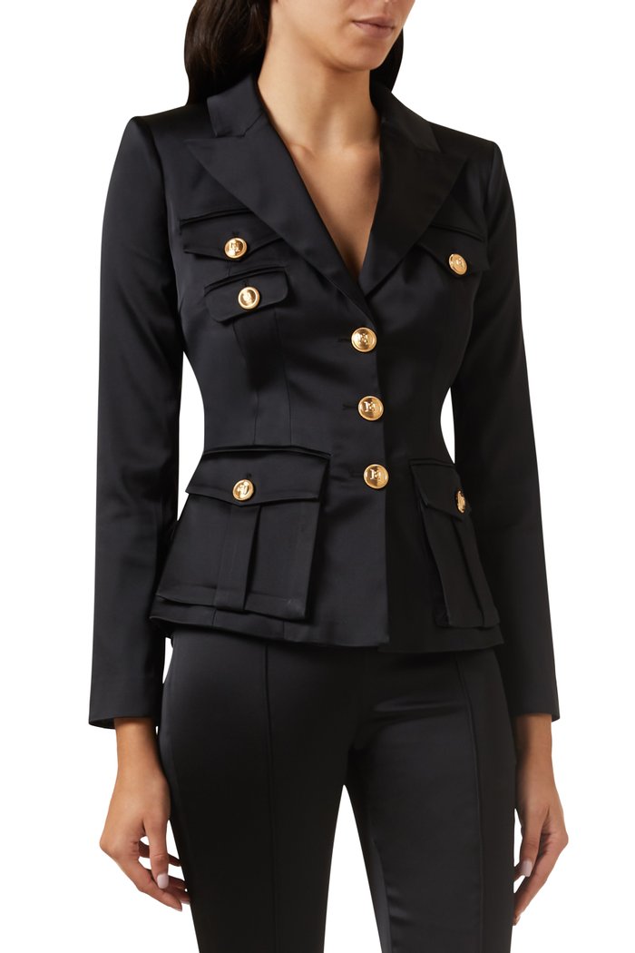 

Single-breasted Jacket in Stretch Satin, Black