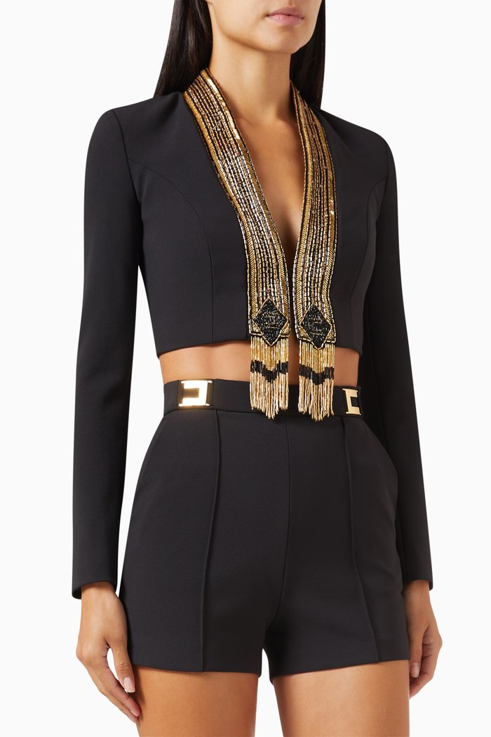 

Sequin-embellished Cropped Jacket in Crêpe, Black