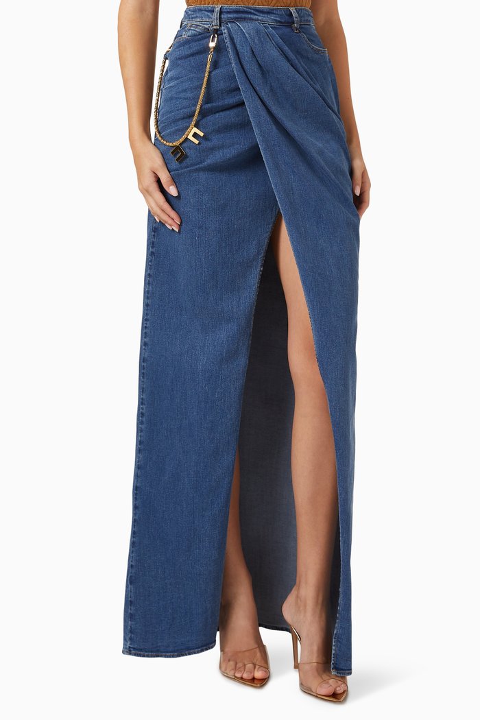 Draped Maxi Skirt in Denim, Blue