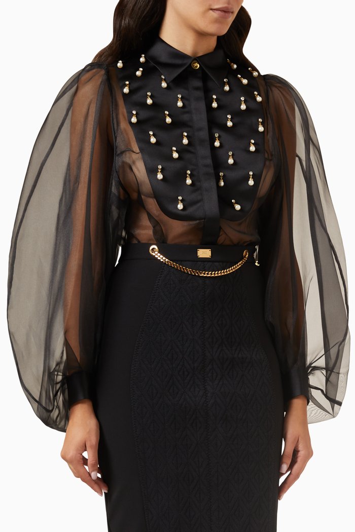 

Bodysuit-style Blouse in Organza Fabric, Black