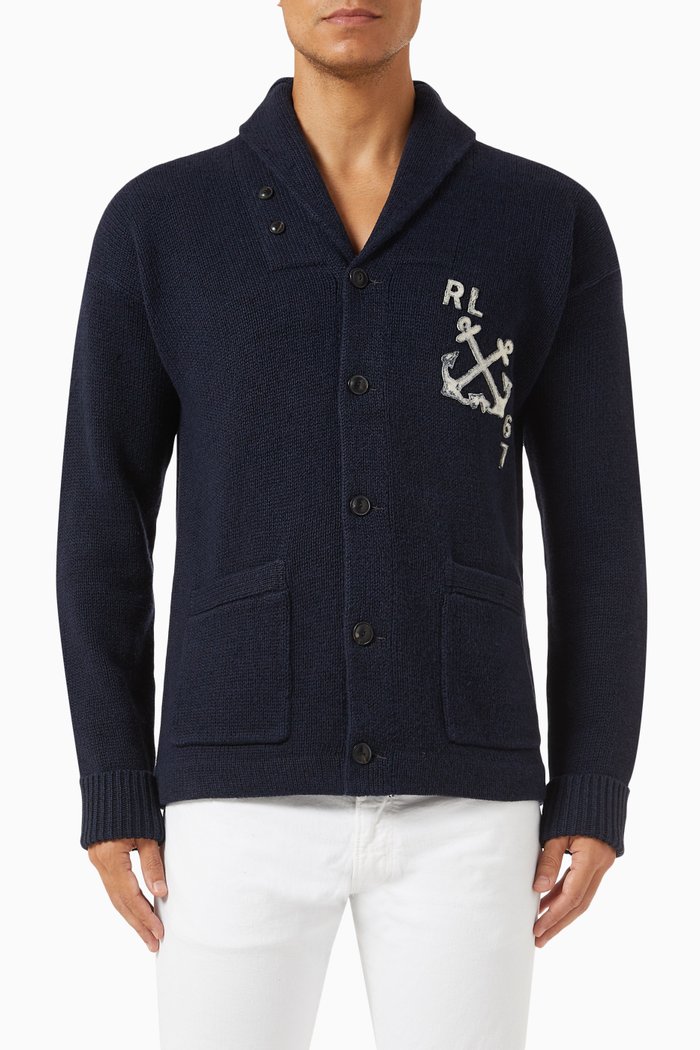 

Shawl Collar Cardigan in Knitted Cotton & Linen, Blue