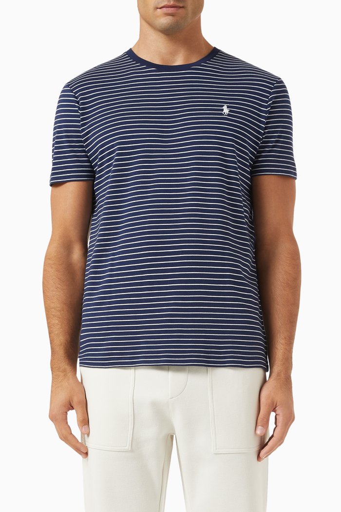 Striped Logo T-shirt in Cotton-interlock, Blue