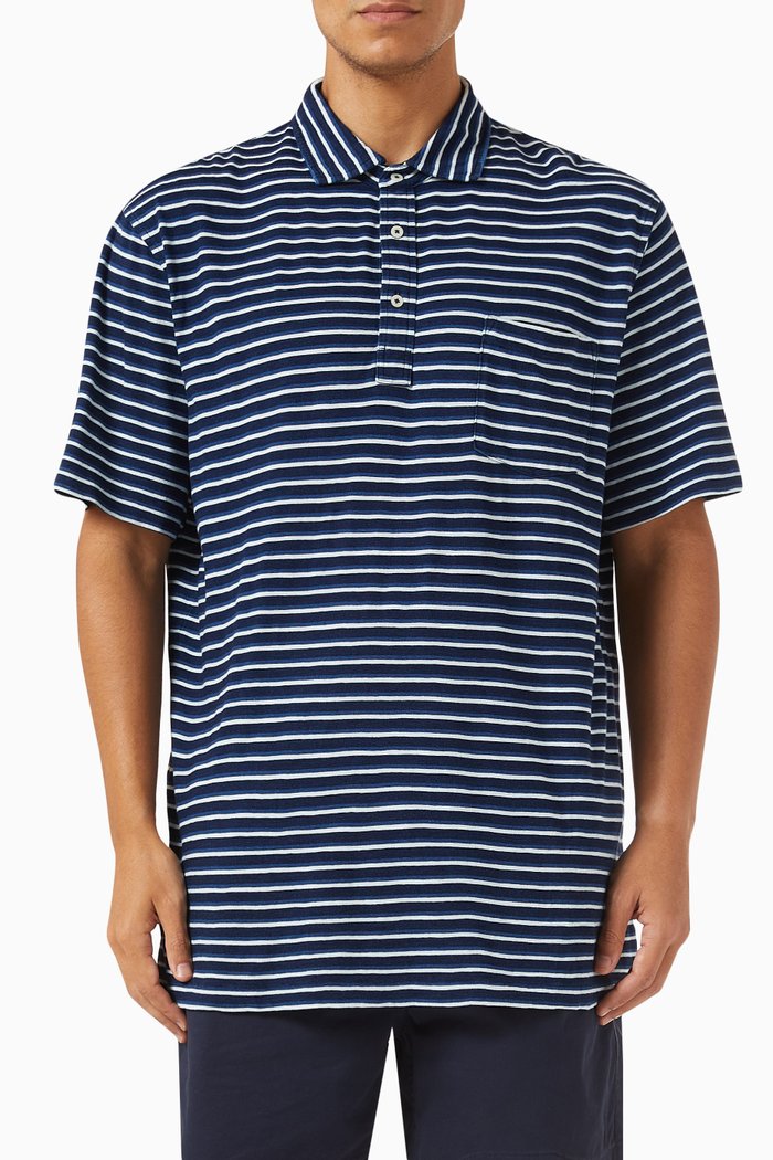 Striped Polo Shirt in Cotton Jersey, Blue