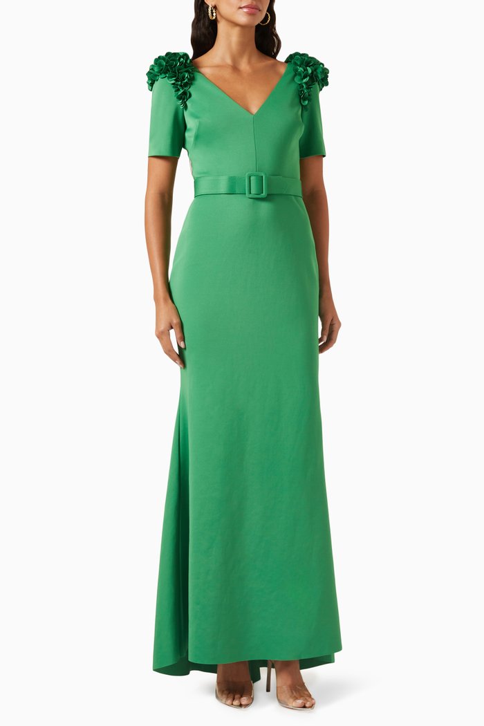 

Floral-embellished Gown in Stretch-scuba, Green