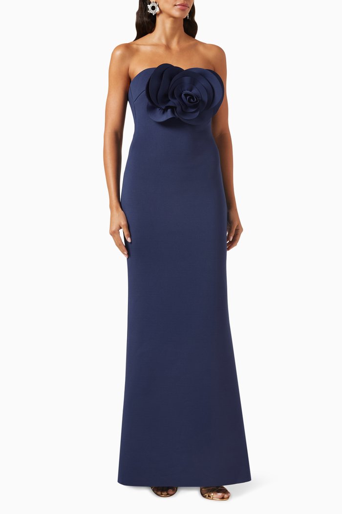 

Rosette 3D Floral Mermaid Gown in Scuba, Blue