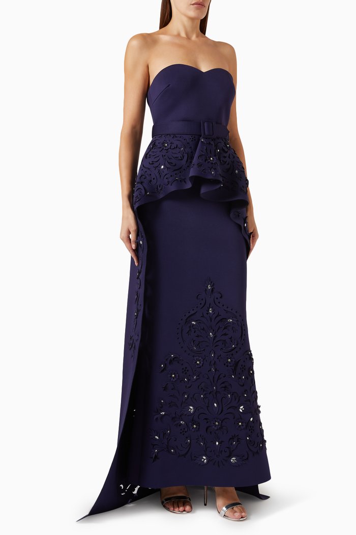 

Crystal Lacer-cut Peplum Gown in Scuba, Blue