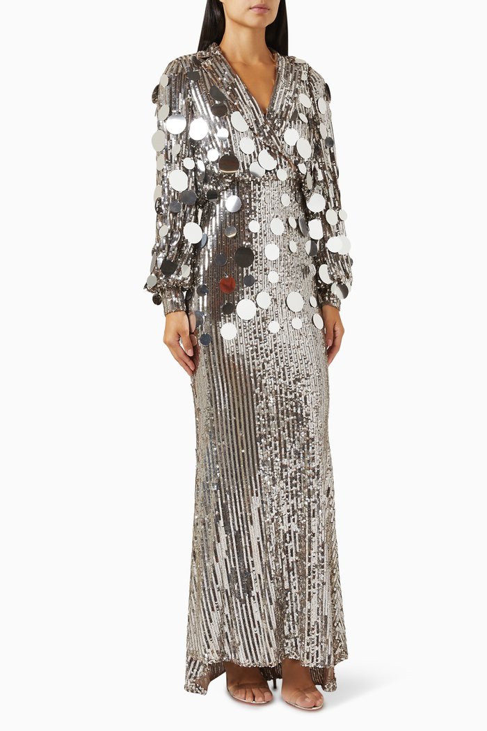 

V-neck Paillette Wrap Gown in Stretch-sequins, Multicolour