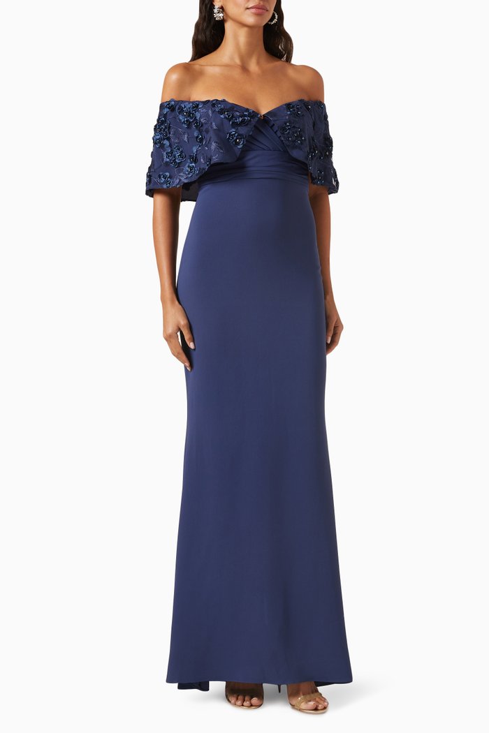 

3D Floral-embroidered Gown in Stretch-crepe, Blue