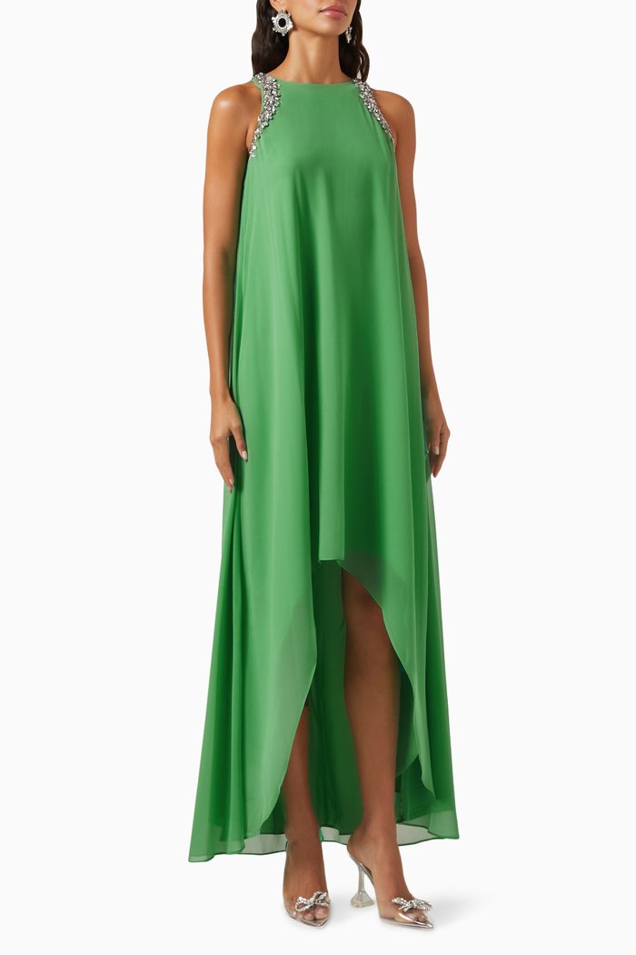 

Crystal Trim High-low Column Gown in Georgette, Green