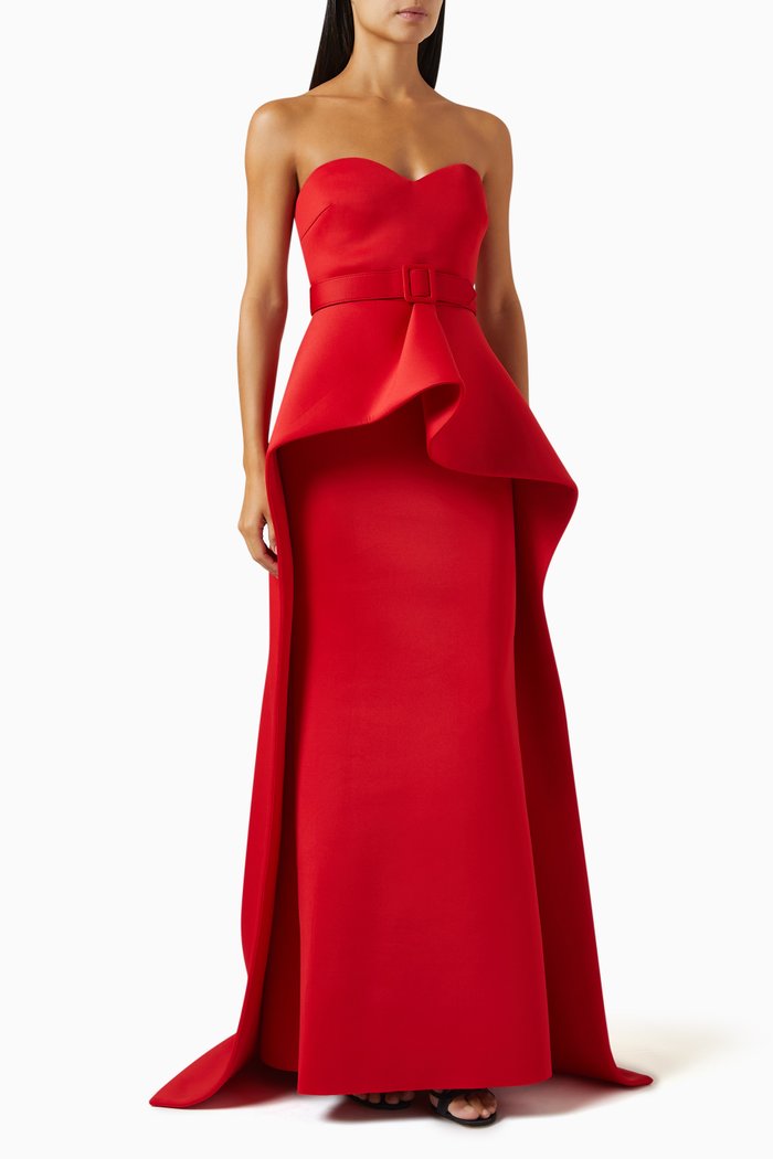 

Strapless Elongated Peplum Gown in Scuba, Red