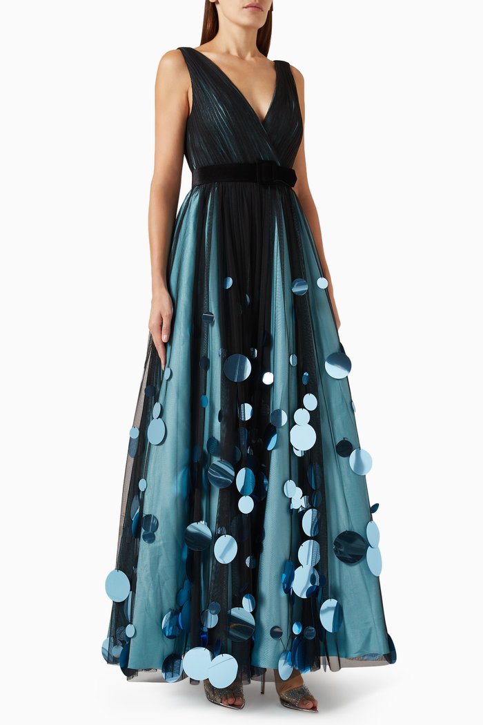 V-neck Oversized Pailletes Gown in Tulle, Multicolour